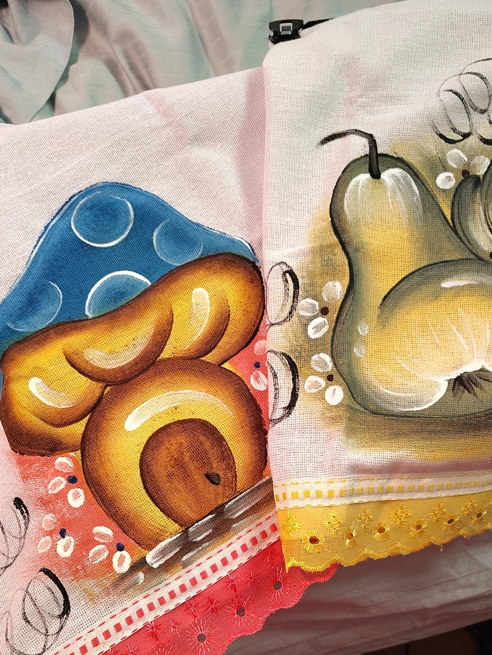 Hand-Painted Fruit & Mushroom Kitchen Towels - Yellow, Blue, Pink Set Of 2